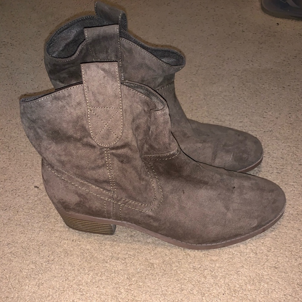 Maurice’s taupe faux suede ankle booties